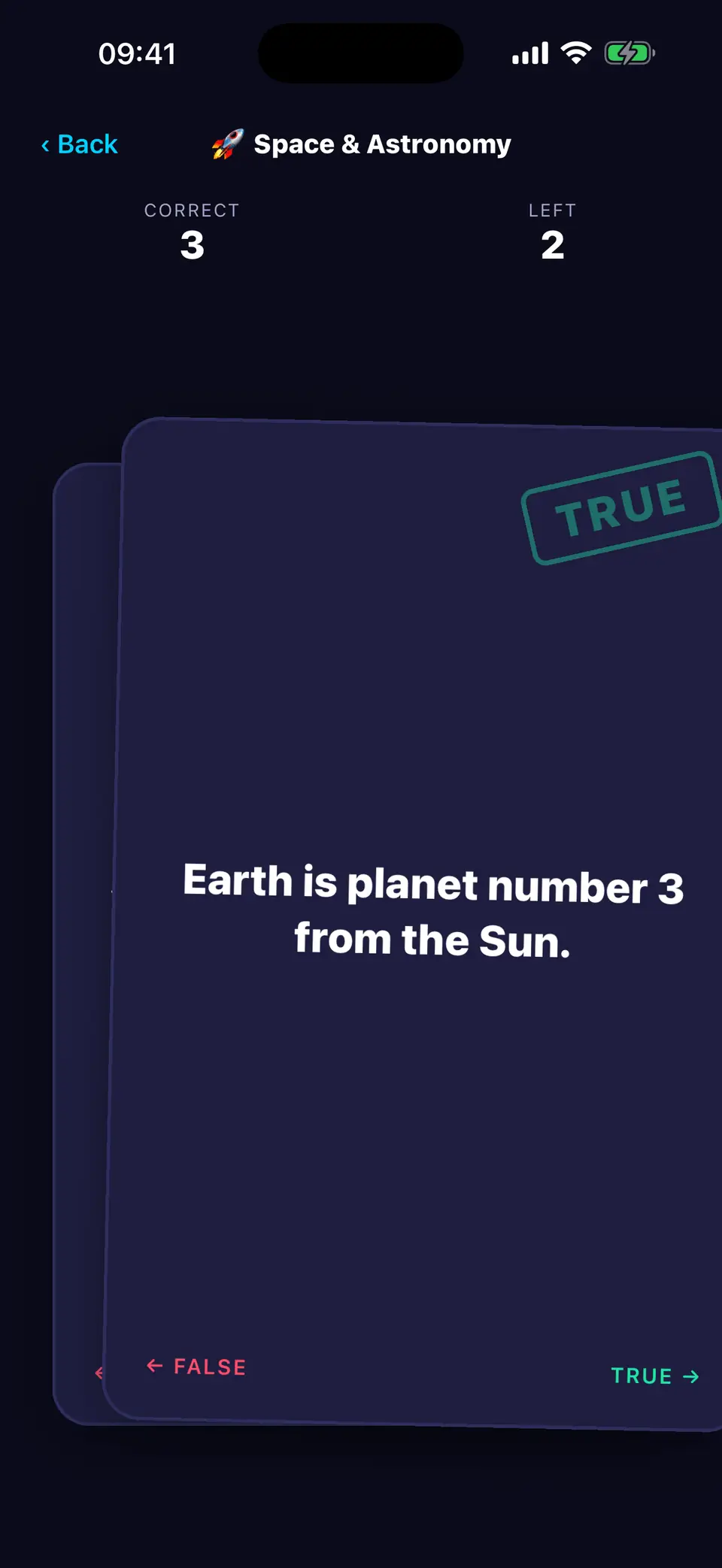 Inside the Space and Astronomy bank in Swipenor: a card reading “Earth is planet number 3 from the Sun.” with 3 correct and 2 left.