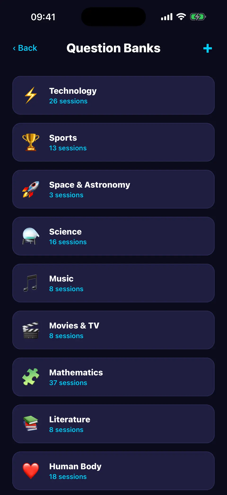Swipenor Question Banks list showing Technology, Sports, Space and Astronomy, Science, Music, Movies and TV, Mathematics, Literature and Human Body, each with a session count.
