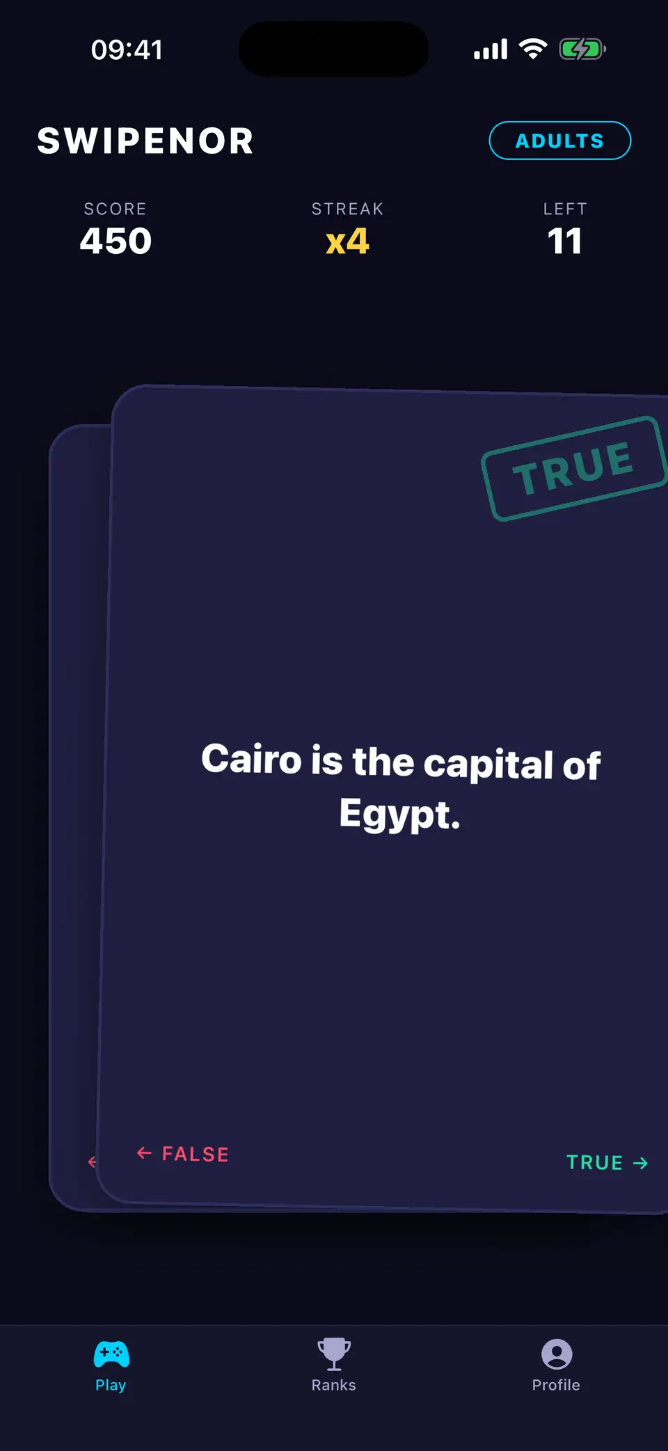 Swipenor gameplay: a card reading “Cairo is the capital of Egypt.” with FALSE on the left and TRUE on the right, above a score of 450, a streak of x4 and 11 cards left.